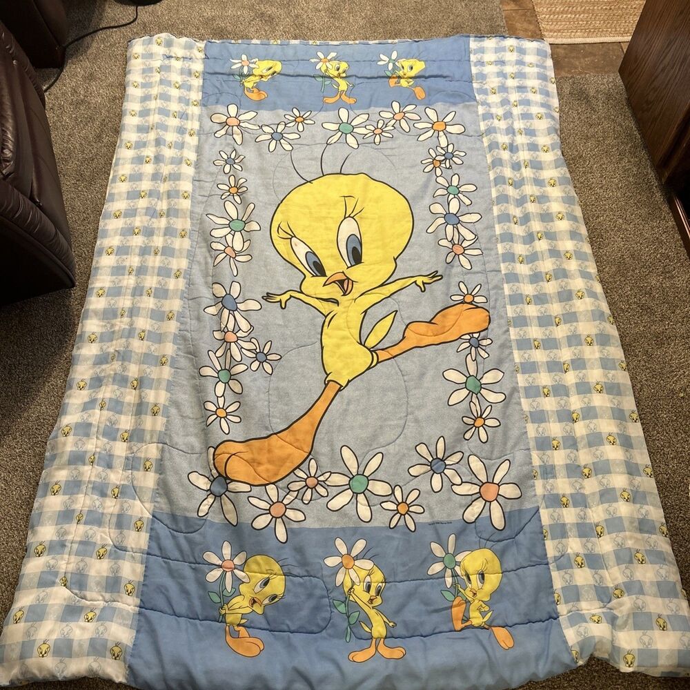 Vtg 1998 Looney Tunes Tweety Bird Twin Size Comforter Blanket Reversible